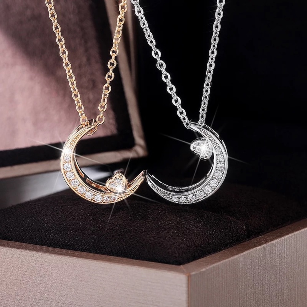 New Beautiful 925 Silver Moon Heart Diamond Necklace - Picture 1 of 6
